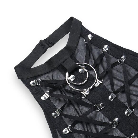 Black Mesh Fishnet Lace Up D-Ring Bustier Corset Crop Top Goth Festival NWT - Picture 3 of 4